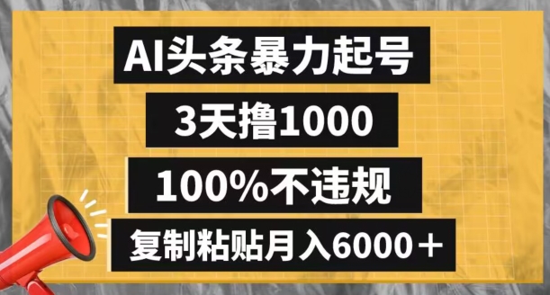 AI头条暴力起号，3天撸1000,100%不违规，复制粘贴月入6000＋【揭秘】-51资源库