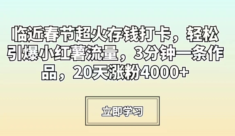 临近春节超火存钱打卡，轻松引爆小红薯流量，3分钟一条作品，20天涨粉4000+【揭秘】-51资源库
