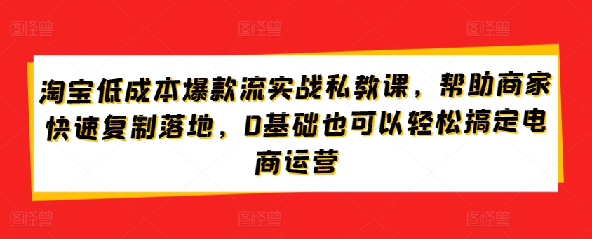淘宝低成本爆款流实战私教课，帮助商家快速复制落地，0基础也可以轻松搞定电商运营-51资源库