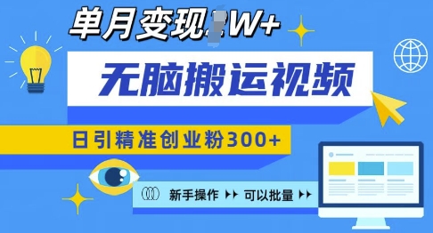 无脑搬运视频号可批量复制，新手即可操作，日引精准创业粉300+，月变现过W 【揭秘】-51资源库