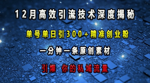 最新高效引流技术深度揭秘 ，单号单日引300+精准创业粉，一分钟一条原创素材，引爆你的私域流量-51资源库