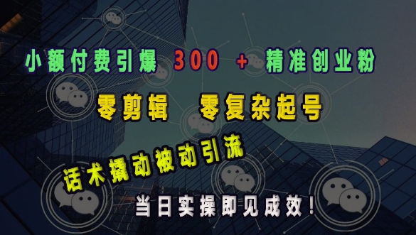 小额付费引爆 300 + 精准创业粉，零剪辑、零复杂起号，话术撬动被动引流，当日实操即见成效-51资源库
