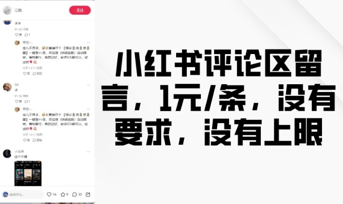 小红书评论区留言，1元条，没有要求，没有上限-51资源库