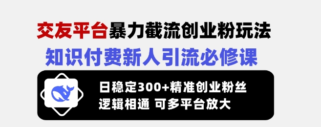 交友平台暴力截流创业粉玩法，知识付费新人引流必修课，日稳定300+精准创业粉丝，逻辑相通可多平台放大-51资源库